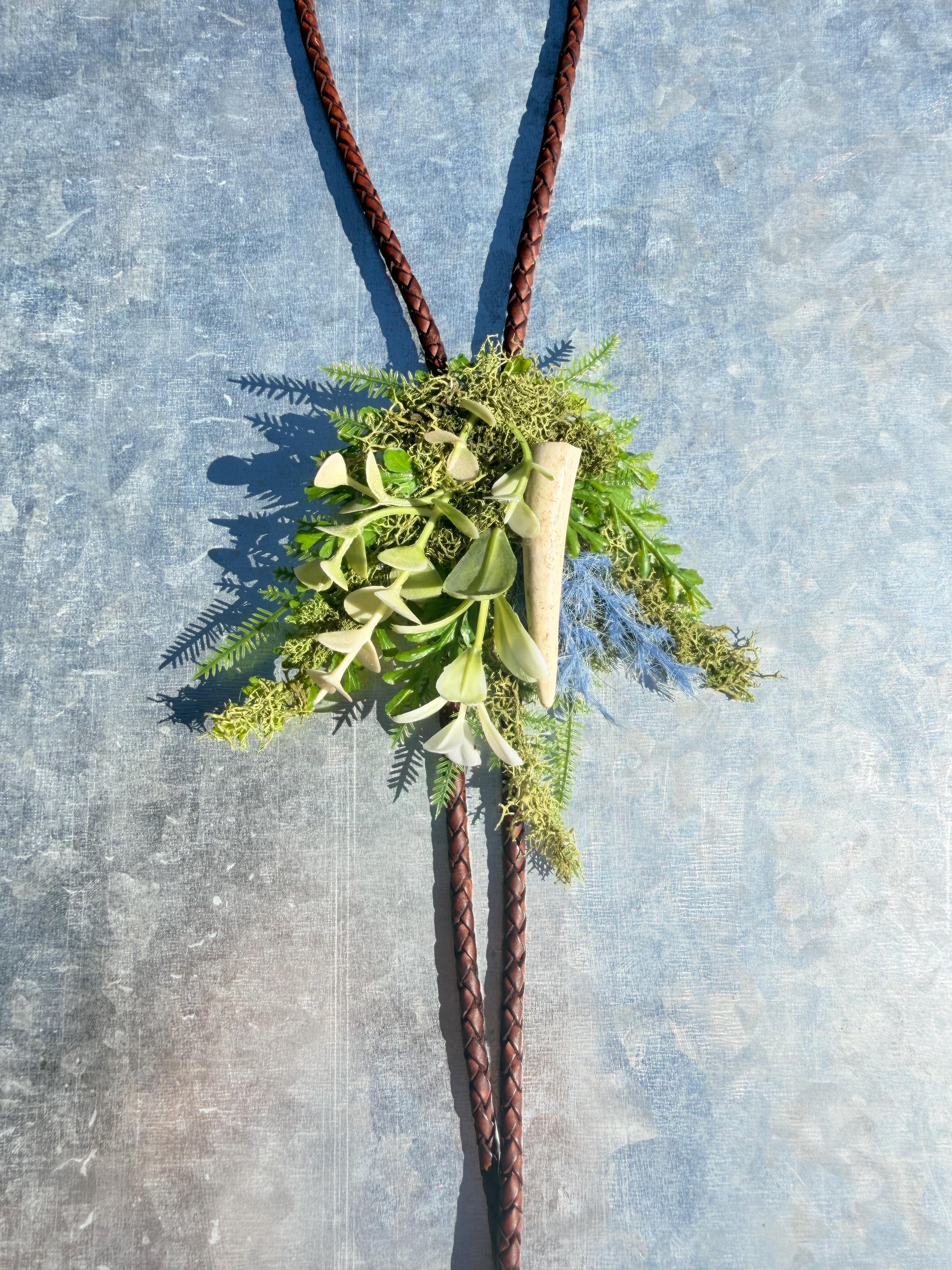 Faux Flower Bolo Tie with Genuine Antler | Handmade Festival Jewelry