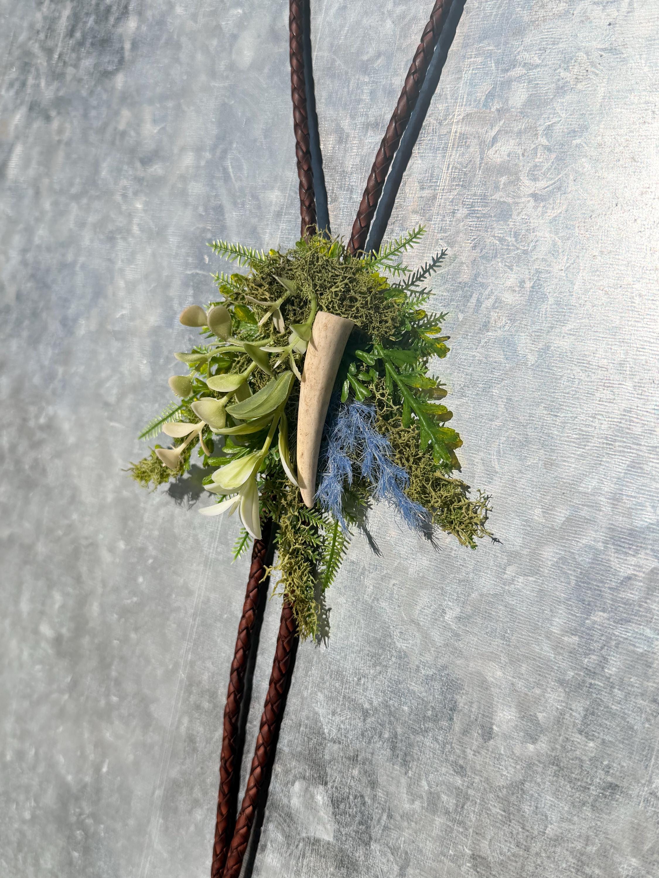 Faux Flower Bolo Tie with Genuine Antler | Handmade Festival Jewelry